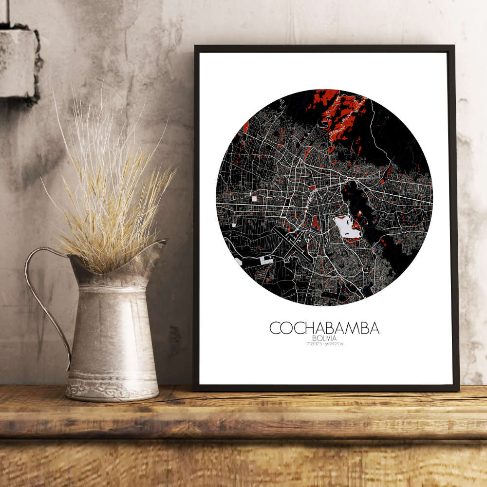 Mapospheres Cochabamba Red dark round shape design poster city map