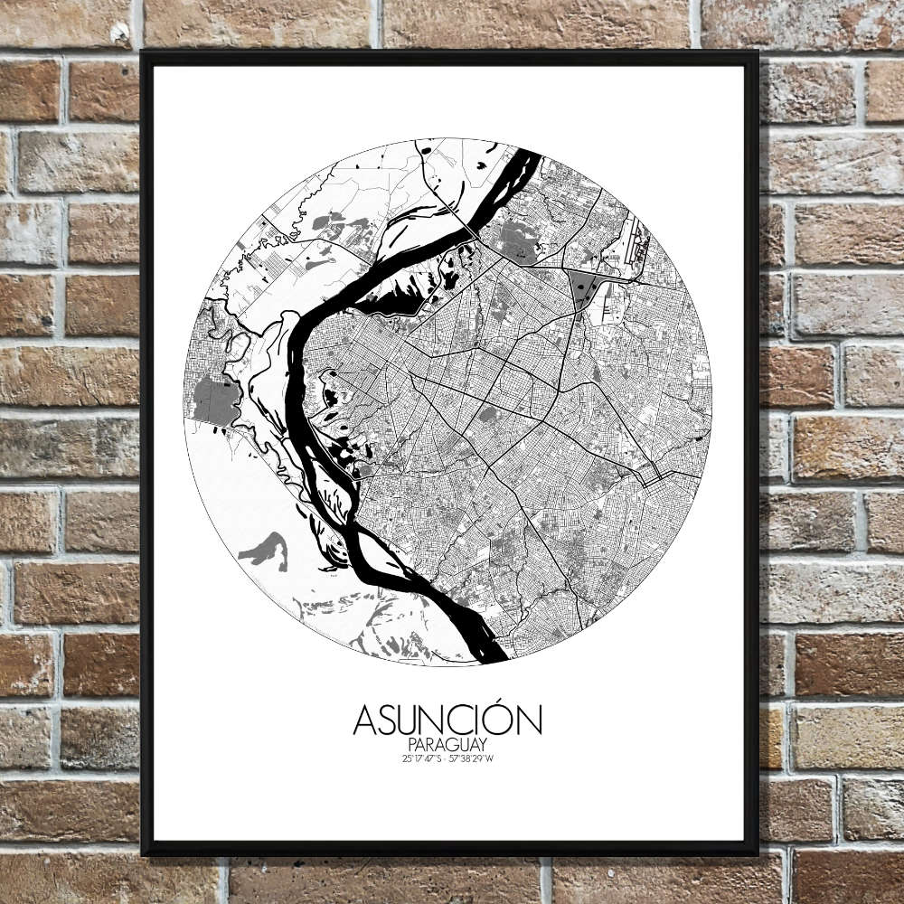 Mapospheres Asuncion Black and White round shape design poster city map