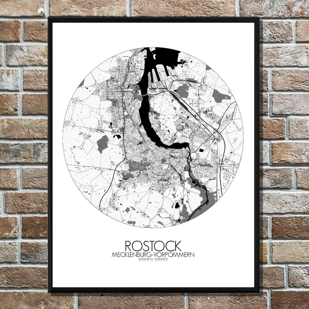 Mapospheres Rostock Black and White round shape design poster city map