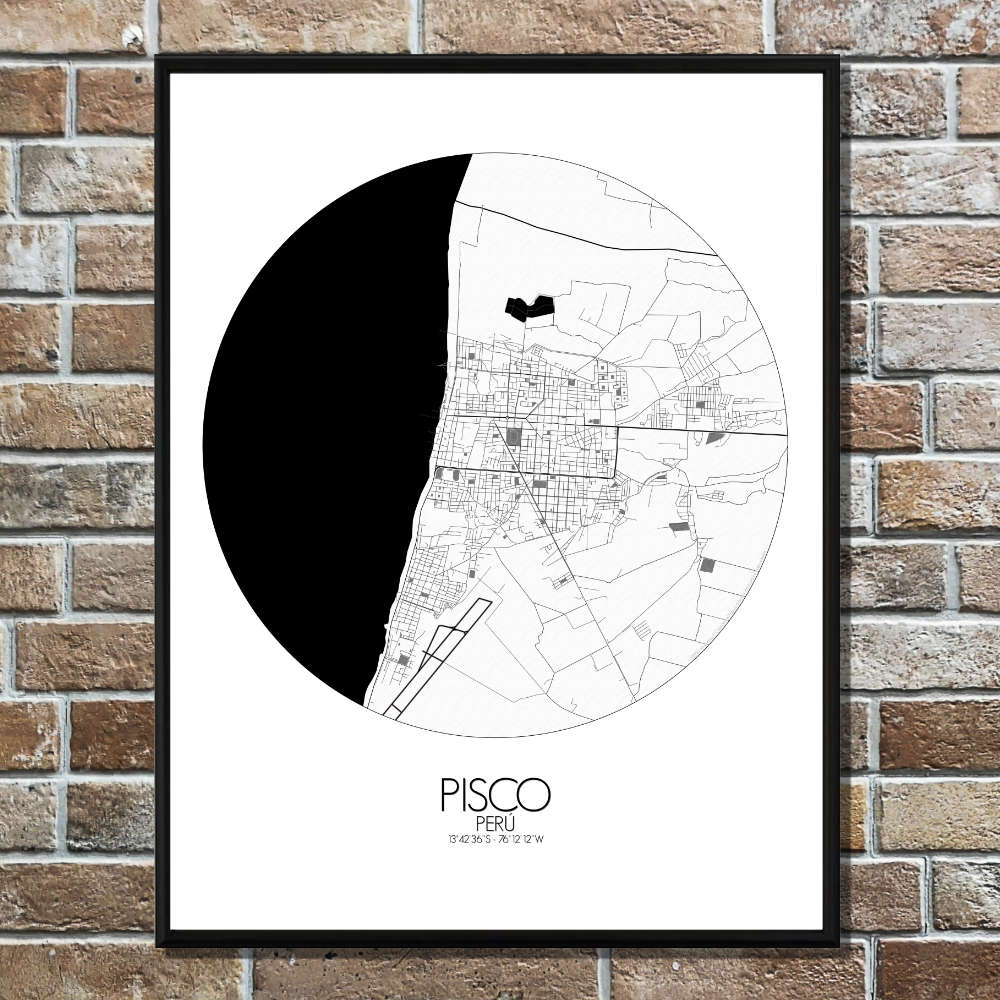 Mapospheres Pisco Black and White round shape design poster city map