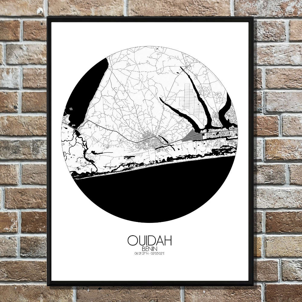 Mapospheres Ouidah Black and White round shape design poster city map