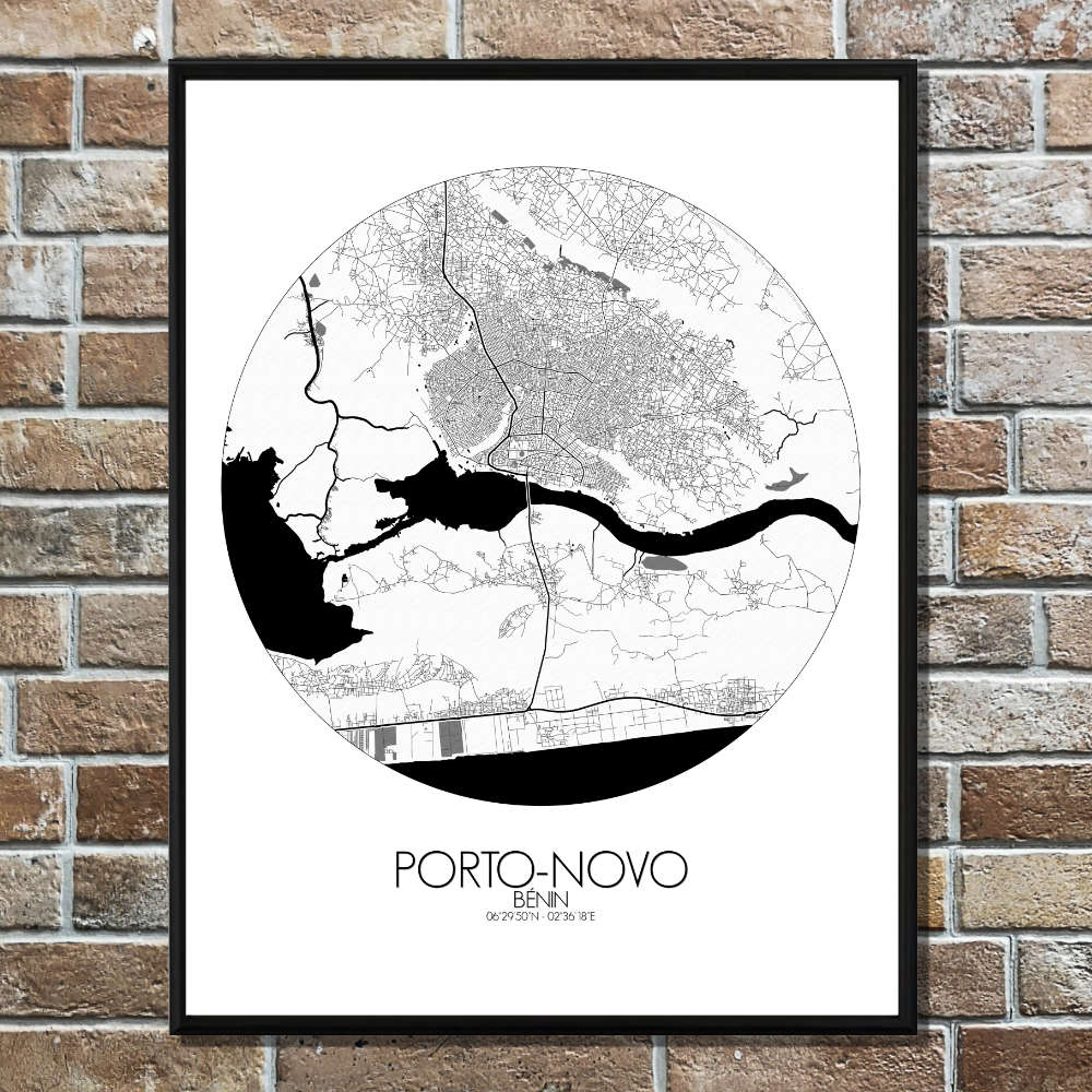 Mapospheres Porto Novo Black and White round shape design poster city map