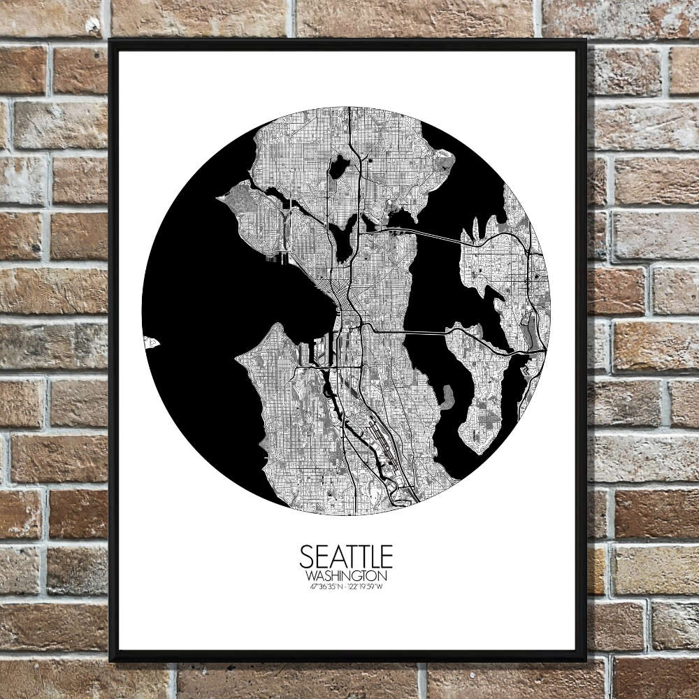 Mapospheres Seattle Black and White round shape design poster city map