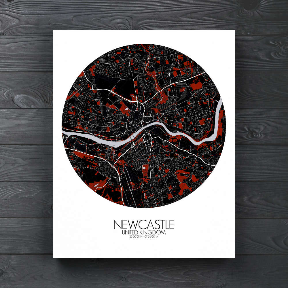 Mapospheres Newcastle Red dark round shape design canvas city map