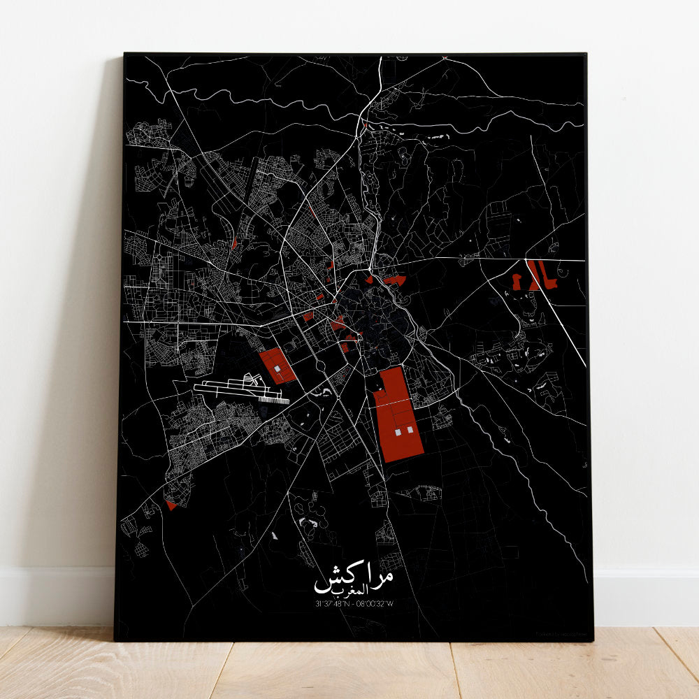 Mapospheres Marrakesh Red dark full page design poster city map