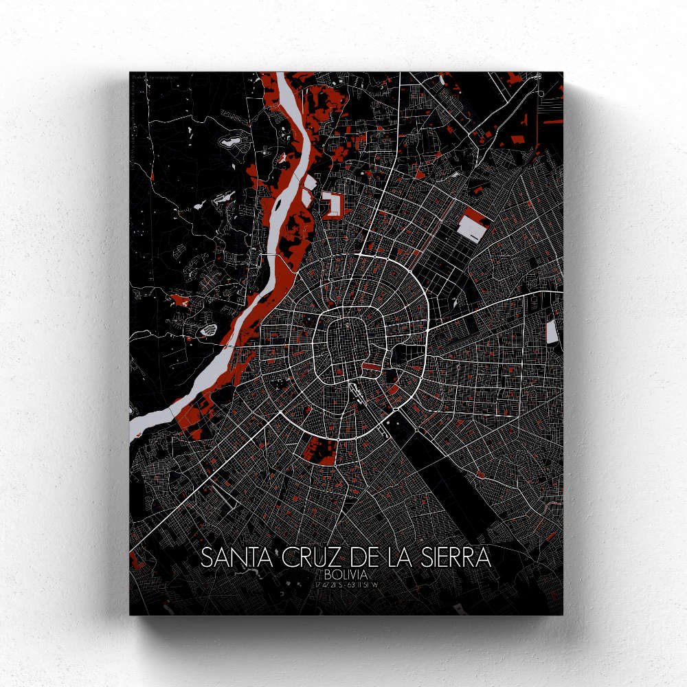 Get a print City map of Santa Cruz de la sierra mapospheres, Red dark design full page