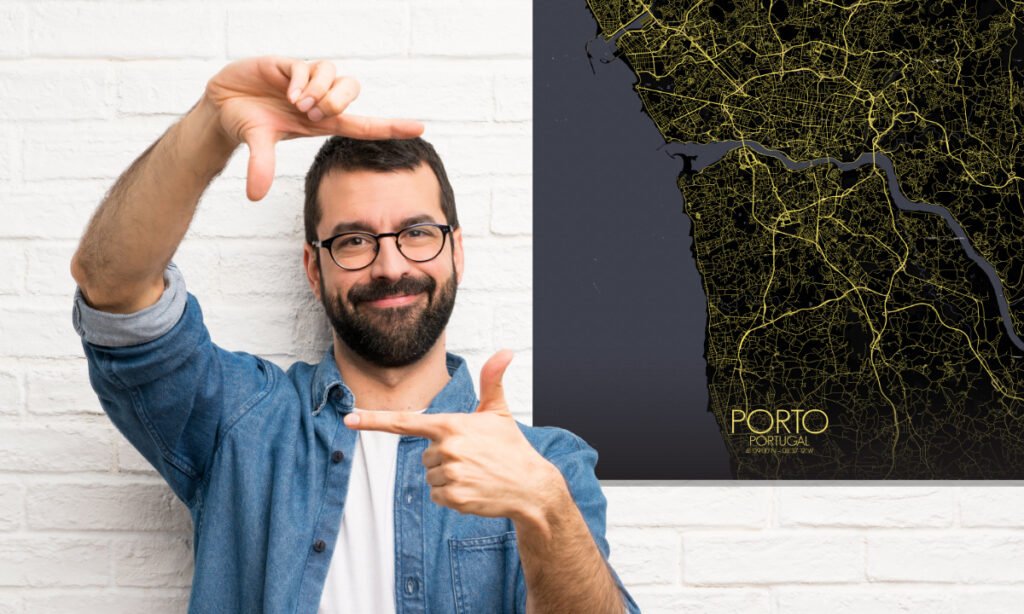 Handsome man with beard over white brick wall focusing face. Framing symbol